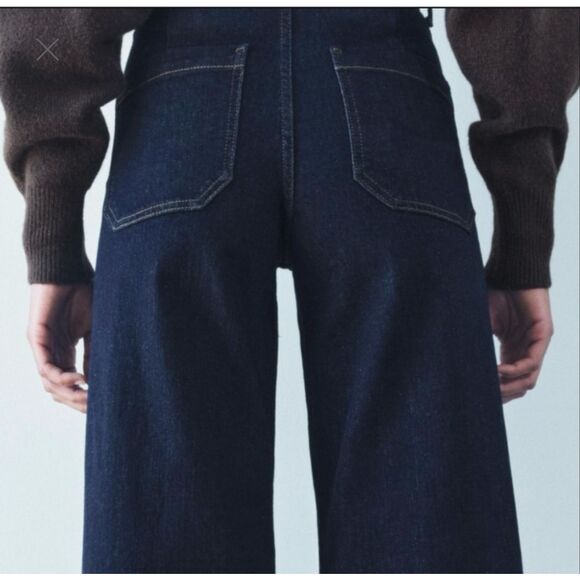 Zara Marine patch pocket dark indigo wash wide leg crop jeans 4 - Picture 2 of 11